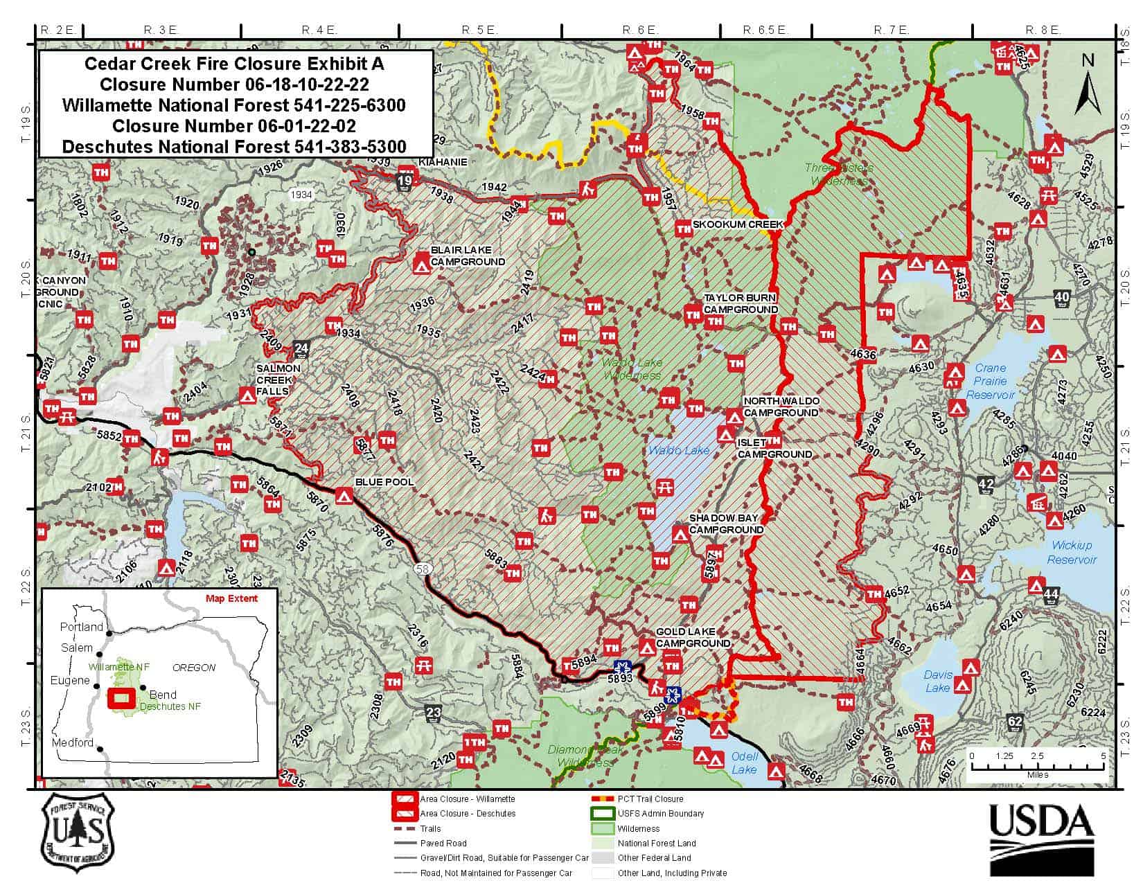 Map of the combined area closures for the Deschutes and Willamette National Forest